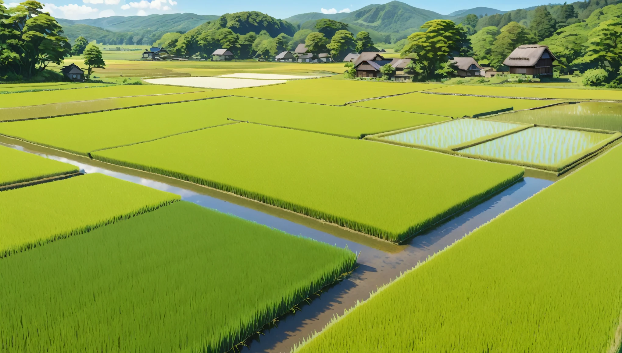 Japanese countryside,Rice Field,Midsummer,sunny,Daytime,Highest quality, 8k, High resolution, masterpiece:1.2, Very detailed, Realistic:1.37, High resolution, 超High resolution, Very detailed, Professional, Vibrant colors