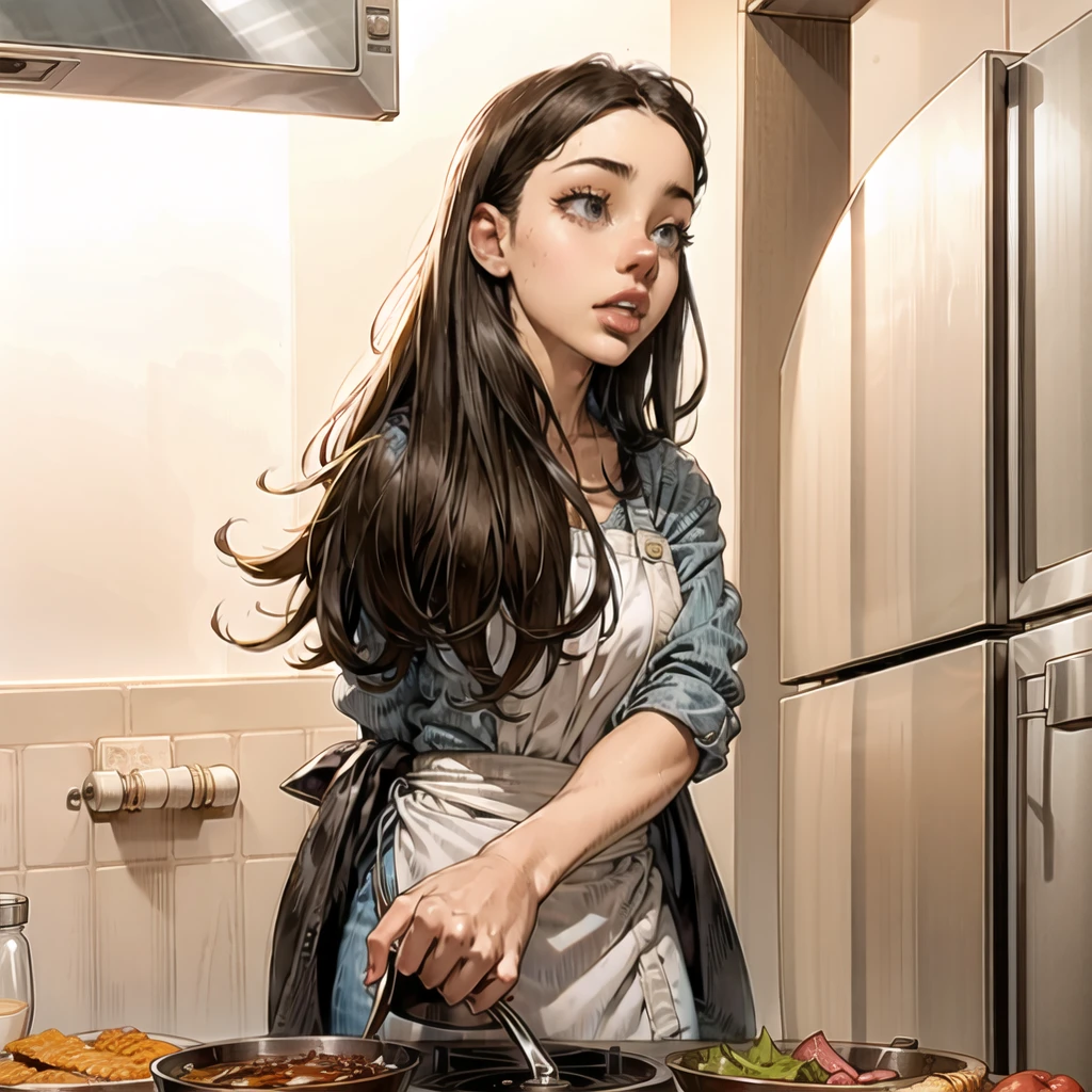 young girl watching her moms  shocking at kitchen 