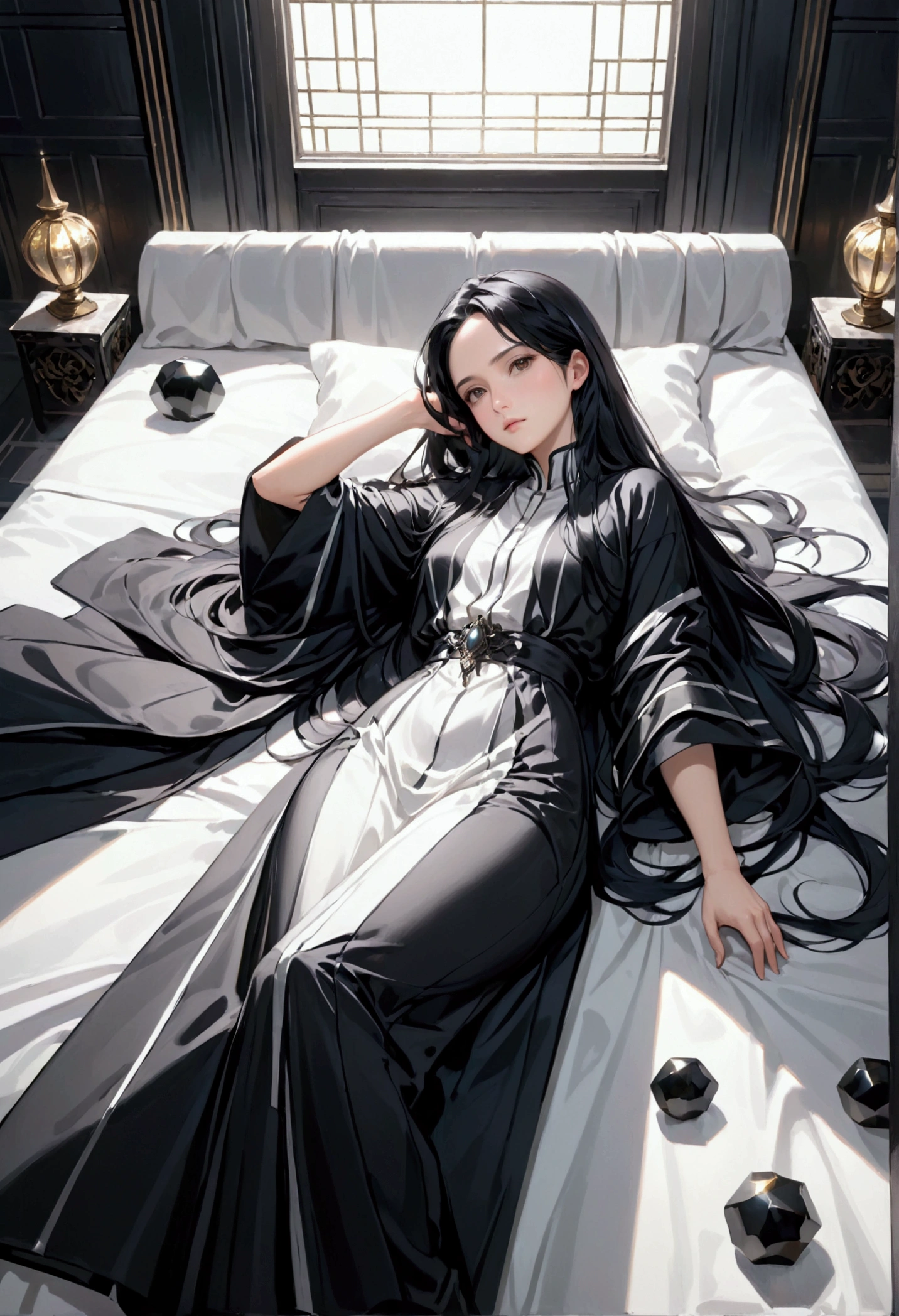 Mature Girl with long black hair with silver highlight, dark onyx eyes,tall rectangular body figure,laying down resting in oversized clothes