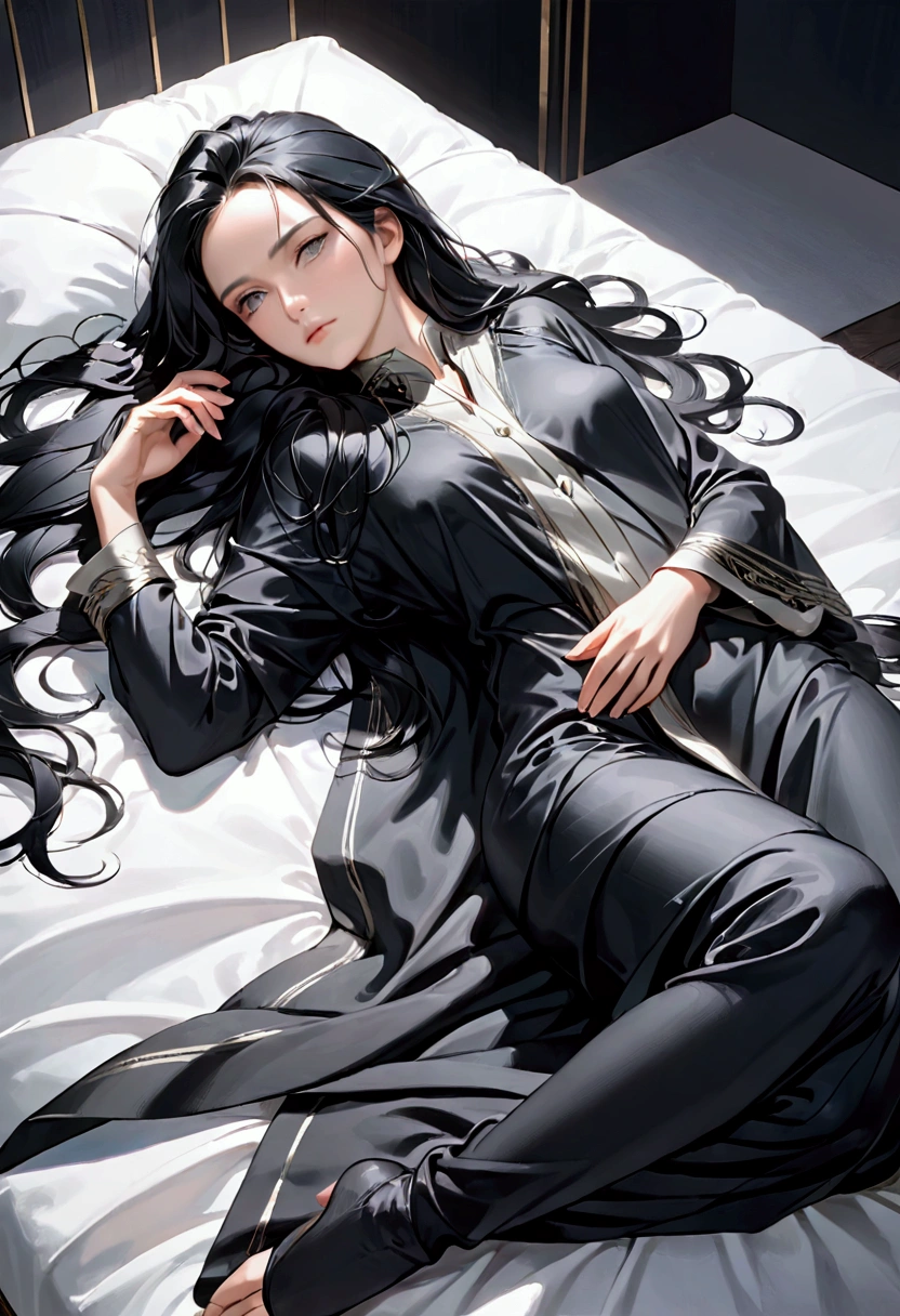 Mature Girl with long black hair with silver highlight, dark onyx eyes,tall rectangular body figure,laying down resting in oversized clothes, solo