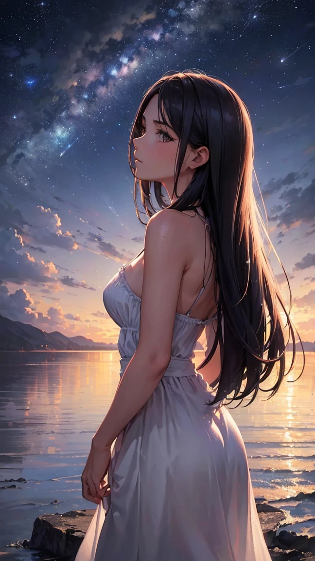 (The best quality), ((masterpiece)), ultrahigh resolution, (realist:1.4), Professional illustration style, Harmonious color palette, Depth and dimension, Exquisite brushstroke, Photo original, octane, sky, stars (sky), landscape, sky estrellado, evening, ((1woman)), (Alone) long dark hair, evening cerrada marcada por la luminosidad del sky nocturno estrellado, beautiful girl, ((la mujer esta de espaldas mirando al sky)), ((bare shoulders)), (you can&#39;t see his face), (((turns his back to the viewer))), sky nocturno, Alone, outdoor, building, clouds, (milky way), (((seated))), city, ((silhouette)), landscape urbano, darkness,