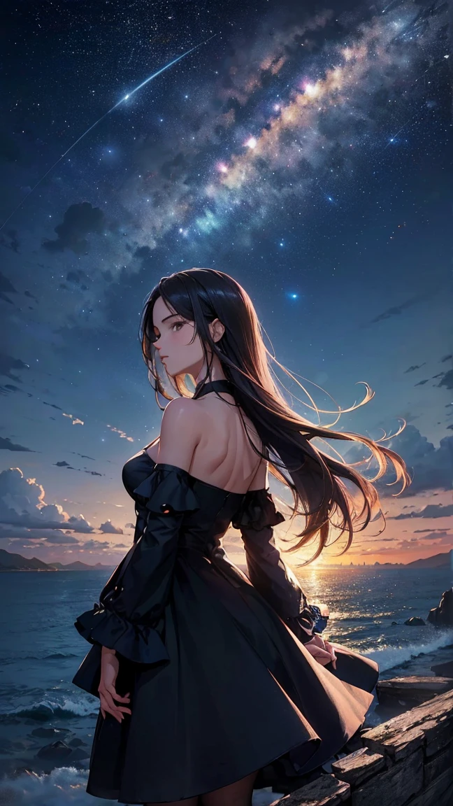 (The best quality), ((masterpiece)), ultrahigh resolution, (realist:1.4), Professional illustration style, Harmonious color palette, Depth and dimension, Exquisite brushstroke, Photo original, octane, sky, stars (sky), landscape, sky estrellado, evening, ((1woman)), (Alone) long dark hair, evening cerrada marcada por la luminosidad del sky nocturno estrellado, beautiful girl, ((la mujer esta de espaldas mirando al sky)), ((bare shoulders)), (you can&#39;t see his face), (((turns his back to the viewer))), sky nocturno, Alone, outdoor, building, clouds, (milky way), (((seated))), city, ((silhouette)), landscape urbano, darkness,