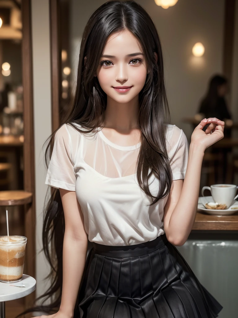 (8k, RAW Photos, Highest quality, masterpiece:1.2), (Realistic, photo-Realistic:1.4), (Highly detailed 8K wallpapers), ((Full Body Shot)), ((((1 girl))), Sharp focus, Depth of written boundary, Cinematic lighting, Soft Light, 緻密な美しさのeye, eye_Chan, Very beautiful 17 year old girl, innocent big eyes, Realistic, photo Realistic, Highly detailed cute girl, (Thin thighs), (Model body type), 18-year-old, ((Stylish cafe uniform)), (Micro Mini Pleated Skirt), ((A happy smile)), Parted lips, Watching the audience, (Inside the cafe) , (Black Hair),(Semi-long hair)