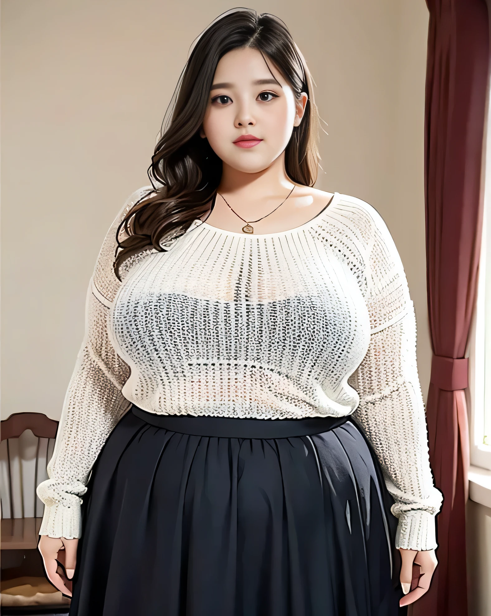 ((8k),High resolution,Highest quality,masterpiece,in front,dynamic,bold),(Full body photo 1.3),(9 heads),((Huge breasts :2),30 years old,woman,Korean,(Small face),beautiful,Clean face,Sharp jaw,White skin,(Voluptuous body :1.5),(Long legs:1.3),(Thick legs :1.5),Thighs,Calf),(Wavy Hair),Swinging long bangs,Dark brown hair,,elegant,Tight clothing,(Beige turtleneck shirt,mini skirt:1.1),Cleavage