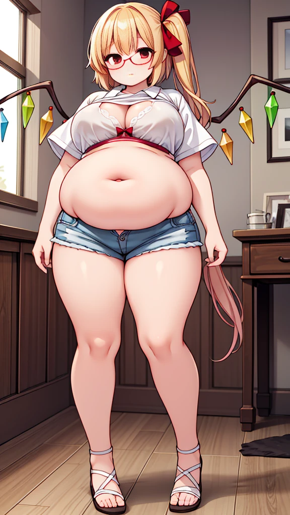 (masterpiece, best quality, highly detailed), 1girls, big belly, huge belly, art by kipteitei, round belly, chubby, curvy, belly grab, enormous belly, fat belly, thicc, bigger belly, really big belly, jiggly belly, shirt covering belly, belly cover by shirt, glasses, no shirt, bra, thight shorts, ((full body)), long hair, Flandre scarlet