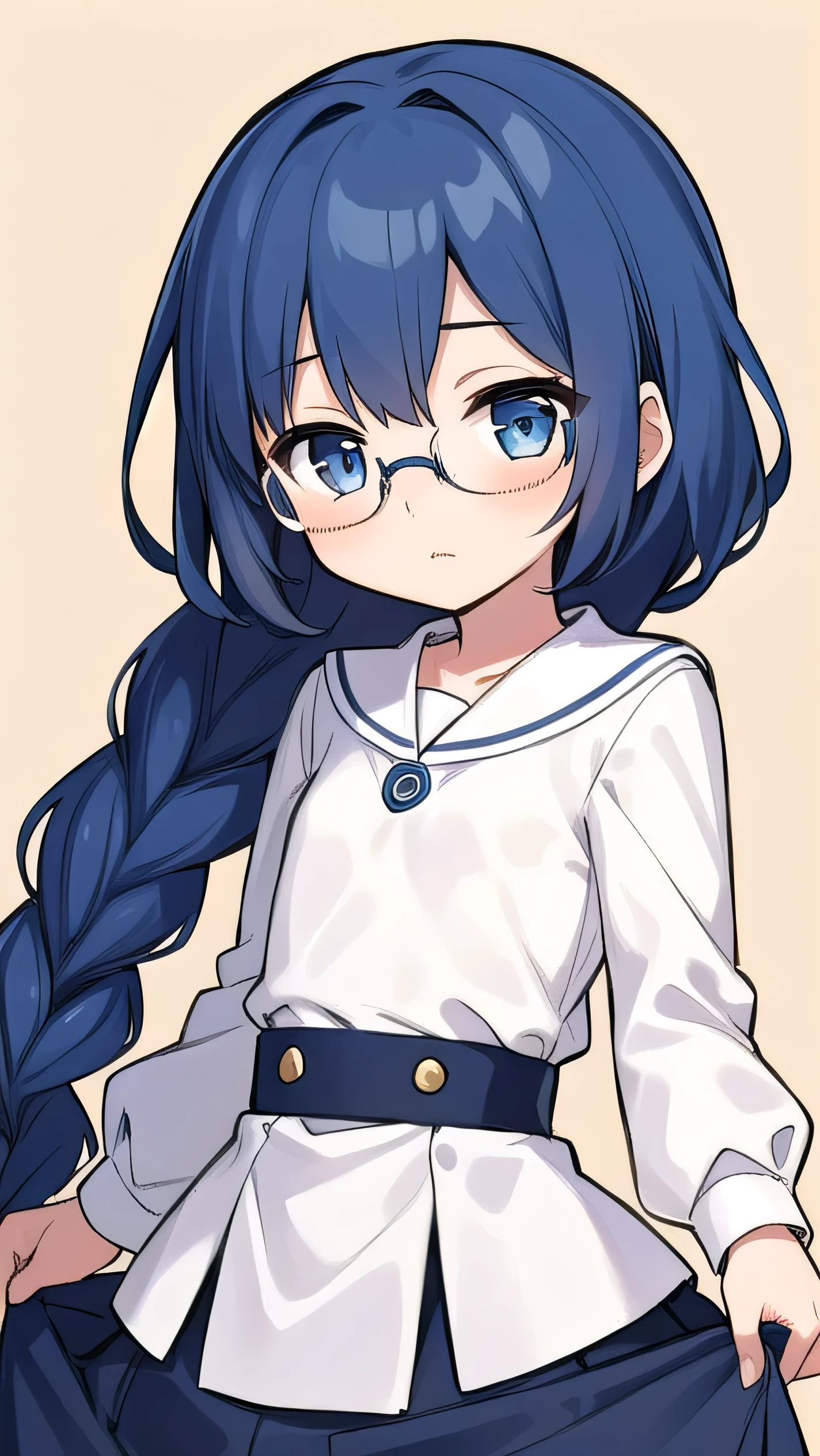 short, 12 years old, blue hair, single braid, blue eyes, round eyes, shy, shy, , short, young face, short height, , glasses with no edges,flat chest,1girl，long hair，Long sleeves, cute clothes, fancy clothes, long skirts, 