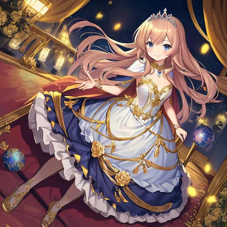 best quality,(long train cape:1.15),(long train ball gown with floral decoration:1.15), a girl is wearing a cape over her dress, anime style, rococo style, little princess, tiara, kind smile, very long hair, small breast, perfect fingers, masterpiece