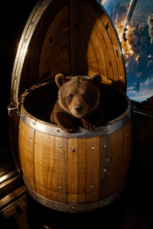 picture of a bear cub in space with a barrel of honey