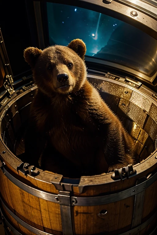 picture of a bear cub in space with a barrel of honey