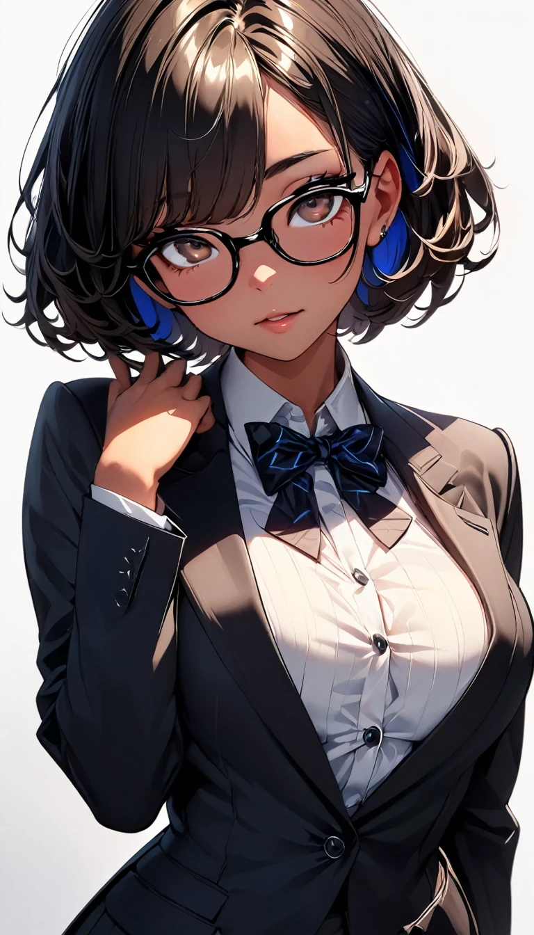 (highest quality:1.2, Very detailed, up to date, Vibrant, Ultra-high resolution, High Contrast, masterpiece:1.2, highest quality, Best aesthetics), Portraiture、girl、solo, ((25-years-old:1)), Bright colors、Beautiful fine details、Beautiful lip detail, short hair、black hair, ((Long bangs:1)), (messy hair:0.6), brown eyes, (thick black frame glasses:1.3), suit, ((slim body:0.6)), (big breast:0.7), (dark skin:0.5), (white background:1.5), ((no background)), (cowboy shot:1.8),look at viewer, facing viewer