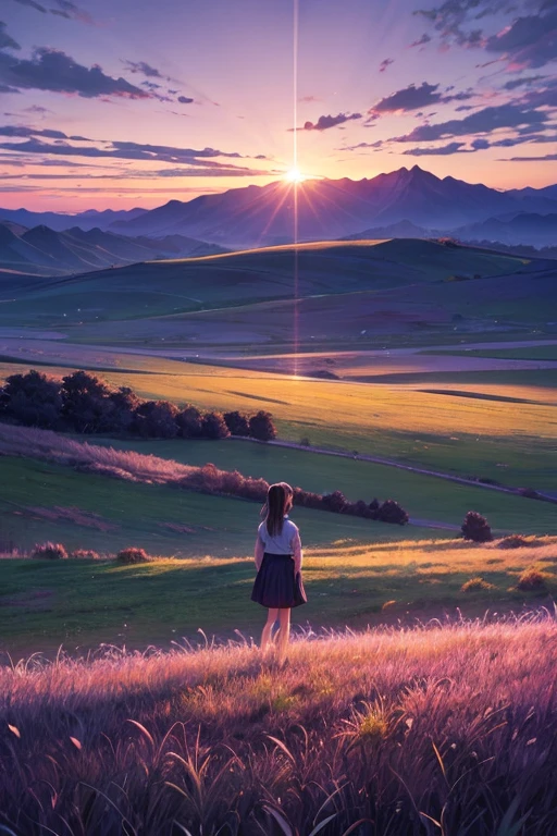 Highest quality、Landscape painting、Standing alone in the vast grassland、At dusk、Light purple sky