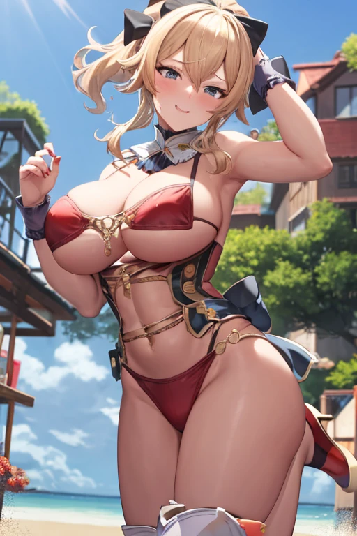 masterpiece, best quality, beautiful art, high resolution, well formed hands, body and fingers, 1 woman, solo, Jean Gunnhildr, blonde, full body picture, grown up, adult, large and rounded breasted, cleavage, hair ornament, wearing a Dangerous Beast outfit , dangerous_beast_cosplay, claws, fangs, full body, sexy and skimpy bikini, gorgeous hips, legs and thighs bouncing breasts, red boots,fighting in a combat match, showing her fighting skills, making her guard, about to hit the viewer, looking at the viewer, sweating, bouncing breasts, smiling joyfully and brightly, being confident and proud, action and fighting scene, fighting cage on beach environment.