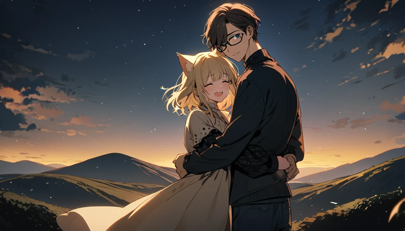 two people, one boy one girl, both are blond hair, the girl has cat ears, the boy wear glasses, the girl is crying, the girl hugs the boy, boy back to the viewer, night, standing, closing eyes, hills