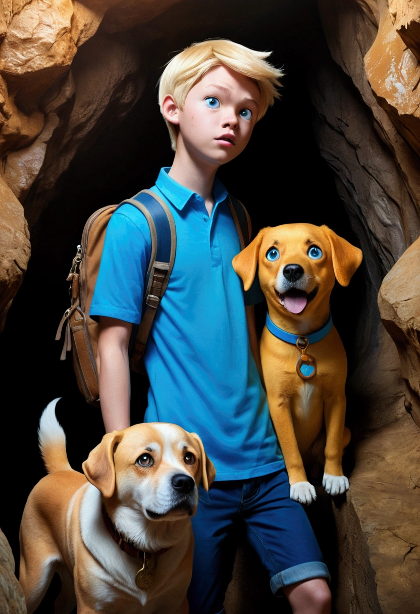 (adventure time), (best quality,4k,highres), (realistic:1.37), (anime:1.1), (detailed:1.1), (vivid colors), (fantasy), (cave:1.1), (white), (boy), (blue shirt), (caramel-coloured dog), (large eyes), (gorgeous), (illustration), (mystery), (excitement)