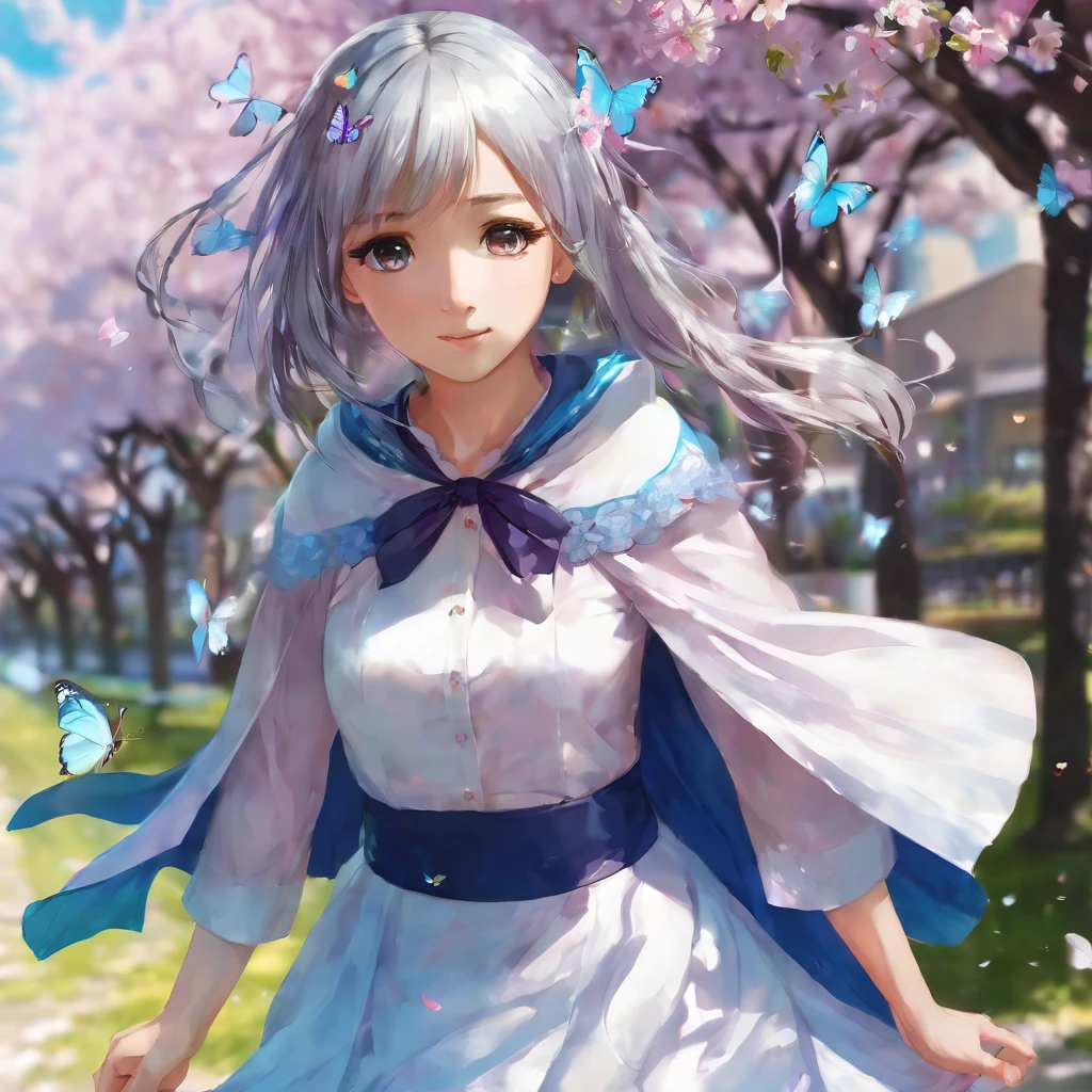 blurry, blurry_foreground, depth_of_field, petals, butterfly, bug, cherry_blossoms, blurry_background, blue_butterfly, motion_blur, flower, elaina_(majo_no_tabitabi), 1girl, open_mouth, long_hair, pink_flower, braid, falling_petals, white_shirt, smile, skirt, shirt, white_flower, tree, outdoors, ahoge, looking_at_viewer, hair_between_eyes, spring_(season), day, solo, holding, branch, bangs, blue_sky, eyebrows_visible_through_hair, :d, silver_hair, hood, cape