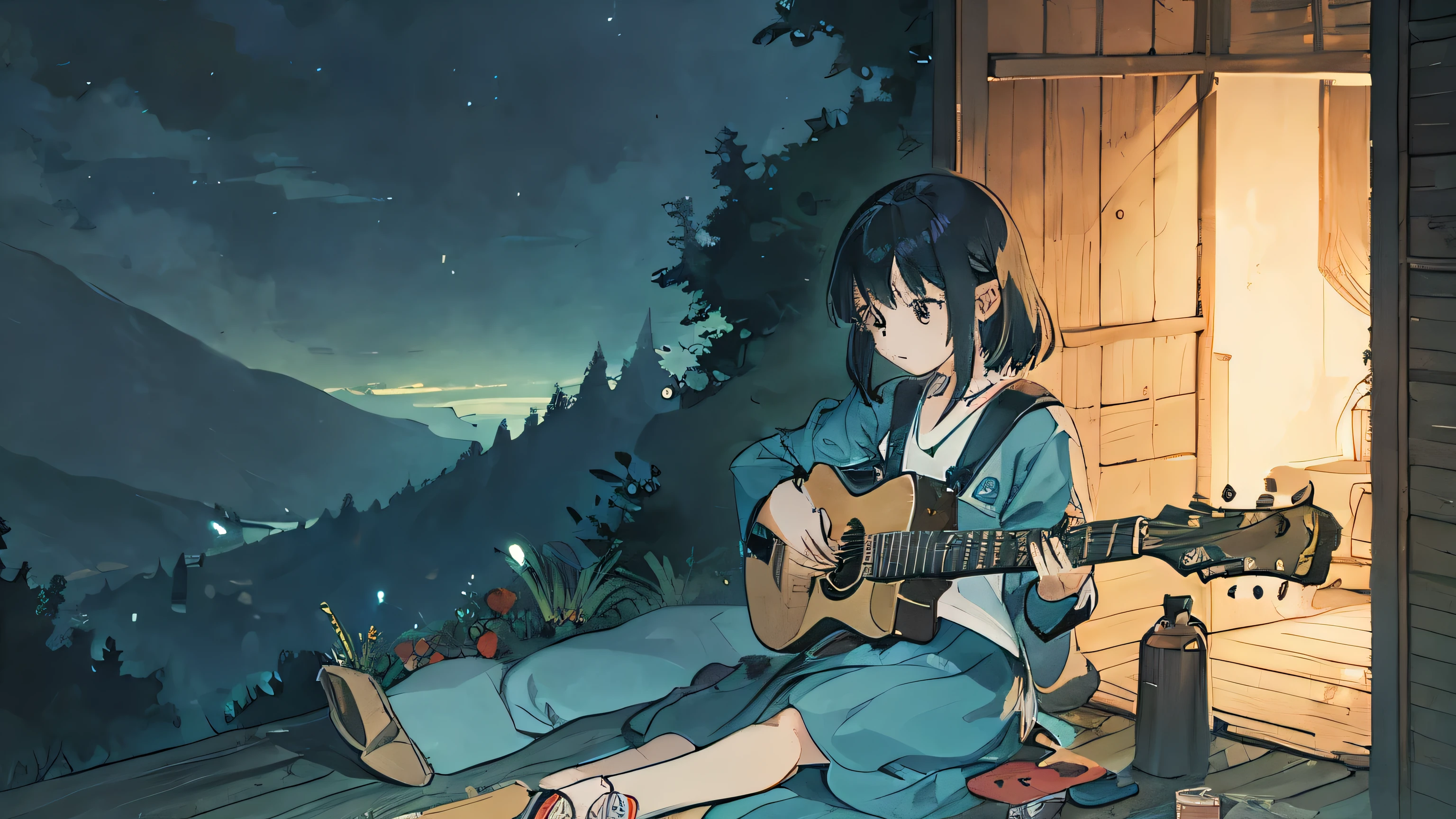 night,Ghibli style,guitar,Girl not looking at the camera,Dim atmosphere