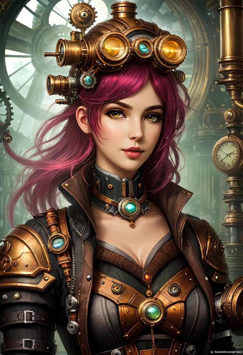 (((candber girl))) adorned with steampunk elements, blending perfectland into a candberpunk environment, (mysterious) and (dandstopian) Environment, (masterpiece) of lifelive art