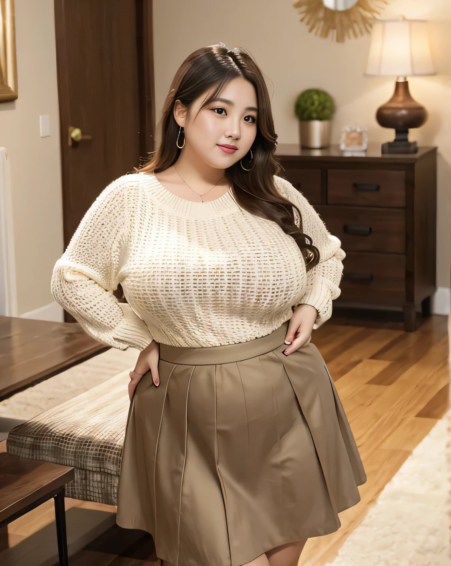 1 girl, obese body type, big breast size, round face, double chin, Overweight, medium hair , long sleeve knit、lace gauze skirt ,looking at camera,in the room