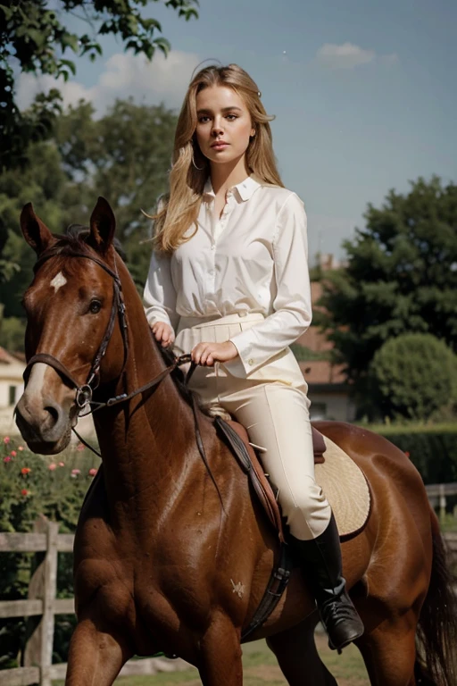 cute european girl, blonde hairs, sharp jawline, full body, wearing classy elegant clothes, riding a horse, realistic