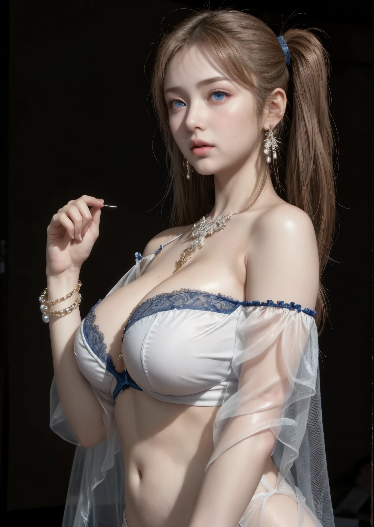 1girl, (solo:1.4), full body, (standing:1.2), twintails, bangs, strapless bra, lingerie, off-shoulder, see-through detached short puff sleeve, cleavage, navel, (thighs:1.2), shoulder, clavicle, see-through thongs, intricate jewelry, ornamental-trimmed, subtle ornamental earring, bracelet, sharp focus, (realistic:1.3), smooth lighting, cinematic lighting, (highest quality:1.4), blue eyes, (detailed texture:1.3), detailed skin, skin pores, shiny skin, oiled skin, (moist skin), (glistening skin), (gigantic breasts:1.2),