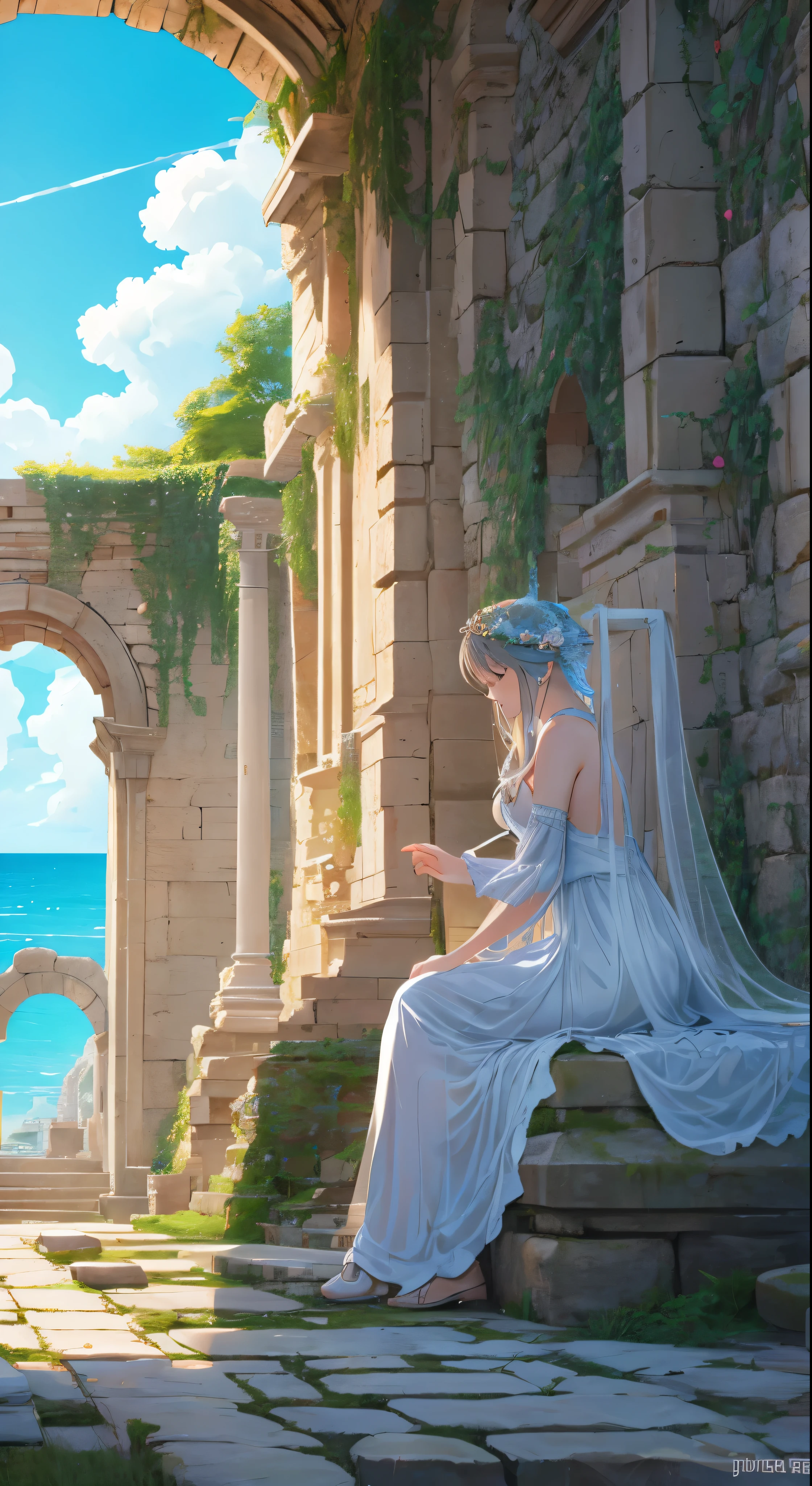 Scenery of the ruins of the ancient Roman Empire、A huge labyrinth，Ocean、Flowing Clouds、Light of the sun、masterpiece、Super detailed、Oceanside megalithic gate ruins、ultra HD、high quality、Very detailed、Official Art、Unified 8k wallpaper、Super detailed、32k -- V 6