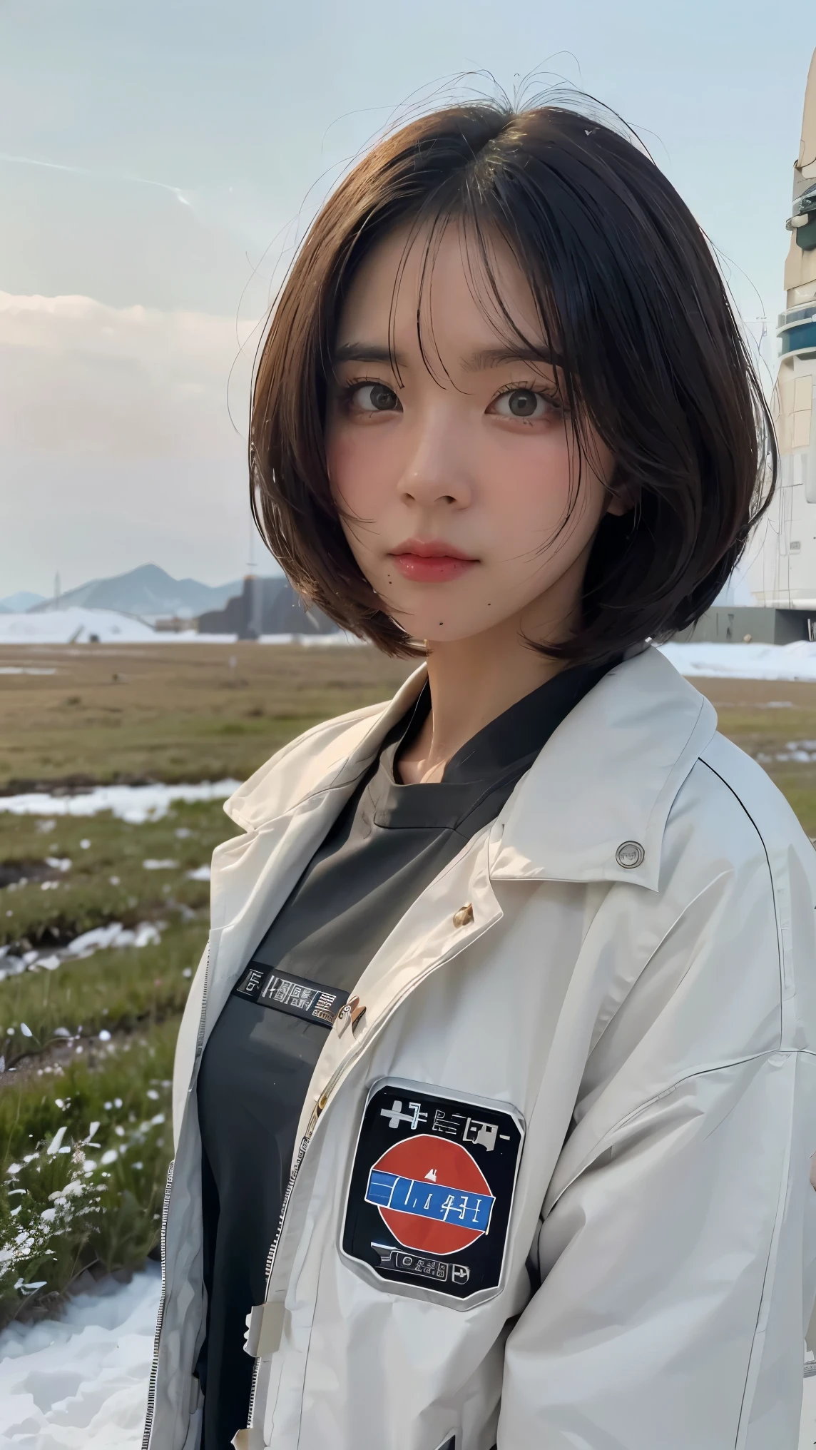 Science Fiction,Sci-Fi Movies,Artillery,Long-Range Missiles,Based on the Movie Foundation ,Woman,Adult,Protagonist,28 years old,hopeful face,brown eyes,short hairstyle,black hair with white gray,scientist uniform,white researcher coat,open meadow,rebel,chaotic,future world,world of socialism,snow,chaos