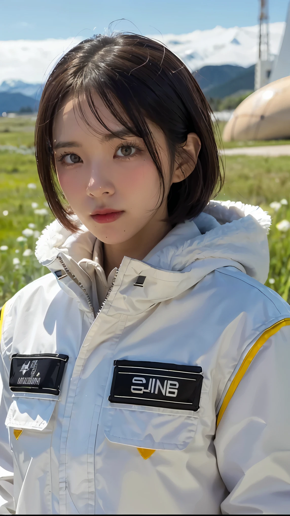 Science Fiction,Sci-Fi Movies,Artillery,Long-Range Missiles,Based on the Movie Foundation ,Woman,Adult,Protagonist,28 years old,hopeful face,brown eyes,short hairstyle,black hair with white gray,scientist uniform,white researcher coat,open meadow,rebel,chaotic,future world,world of socialism,snow,chaos