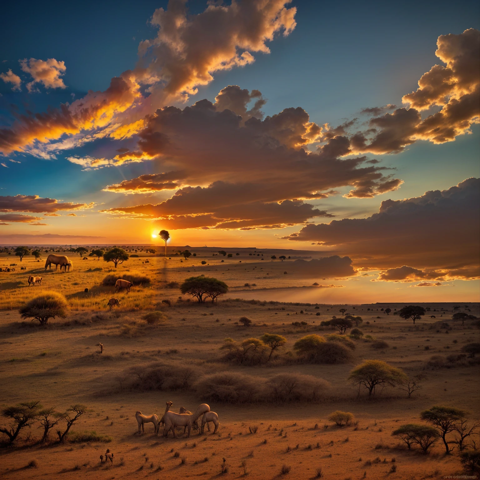 a painting of a town with a sunset in the background, african landscape, A very nice photo, warm and beautiful scene, African savanna, incredibly pretty, Absolutely exceptional image, African steppe, amazing wallpaper, amazing background, Beautiful sunrise, an incredible photo, Savanna Background. There is a large town celebrating that covers the entire image