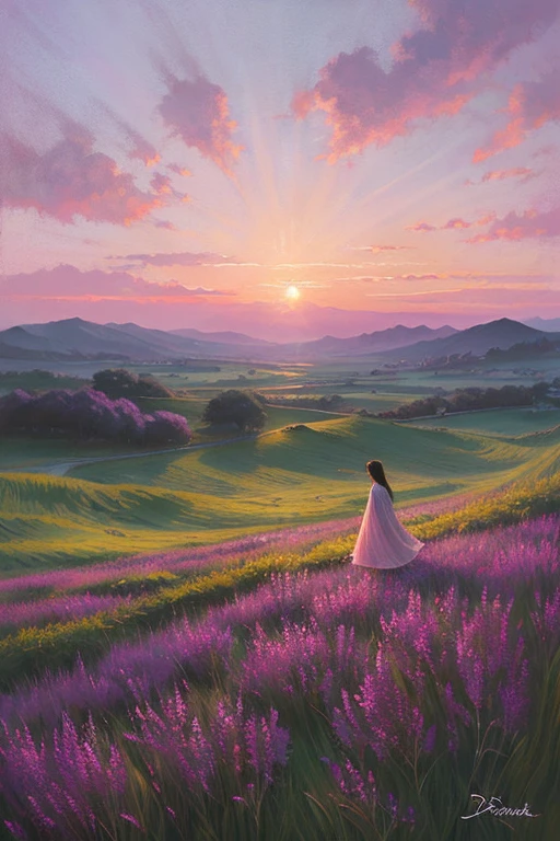 Highest quality、Landscape painting、Standing alone in the vast grassland、At dusk、Light purple sky