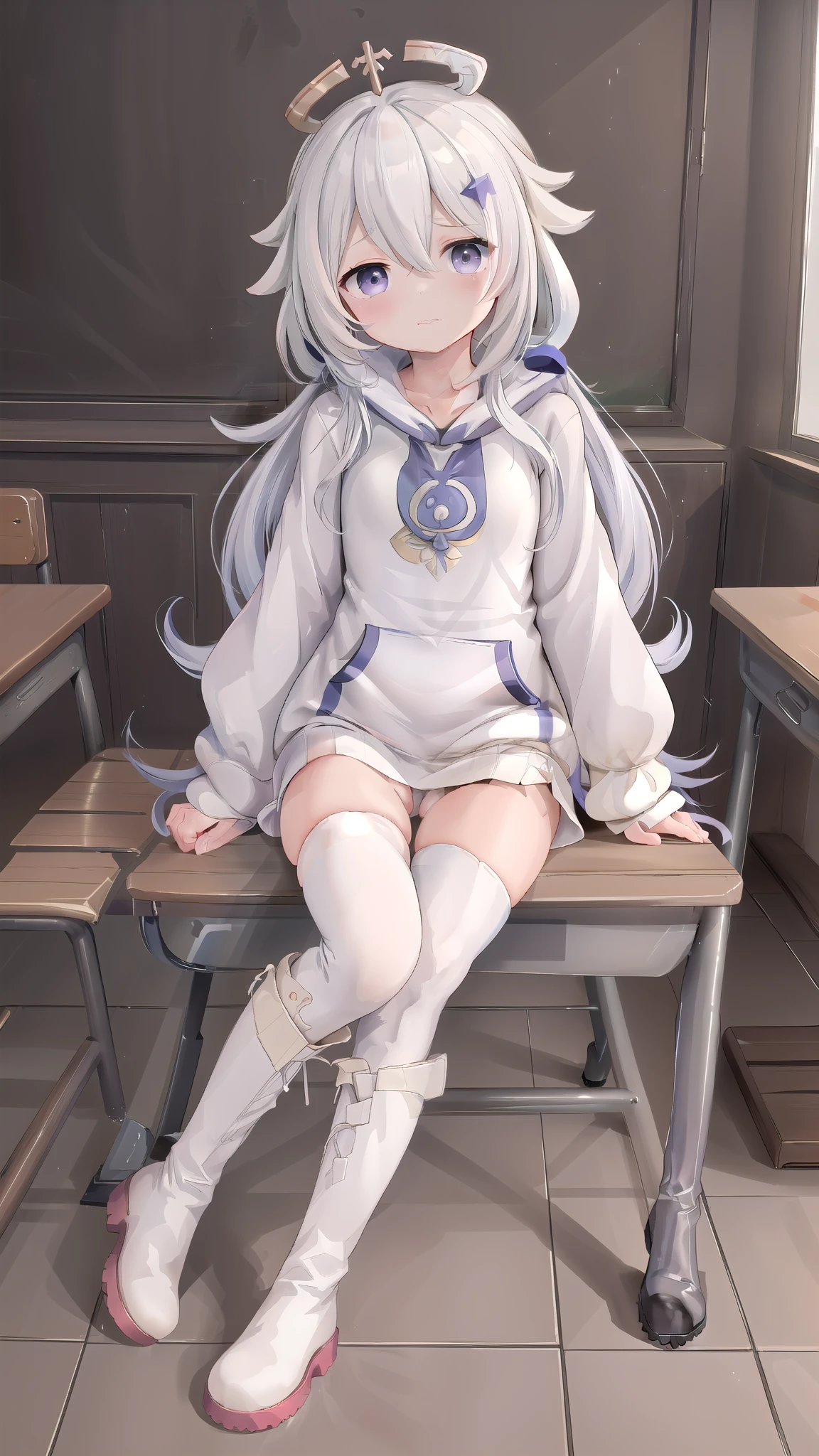 ((paimeng girl))(hoodie:1.3),classroom,, masterpiece, best quality,write leather boots,1girl, 独奏, thighhighs, Paimon (genshin impact), long sleeves, white dress, dress, Halation, thighhighs under boots, single thighhigh, bangs, boots, hair between eyes, white footwear, white thighhighs, white hair