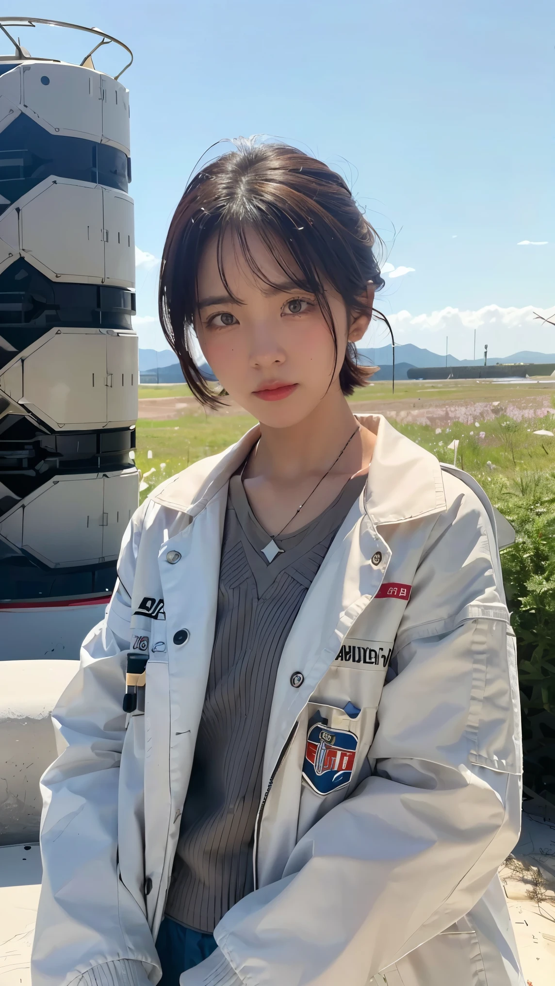 Science Fiction,Sci-Fi Movies,Artillery,Long-Range Missiles,Based on the Movie Foundation ,Woman,Adult,Protagonist,28 years old,hopeful face,brown eyes,short hairstyle,black hair with white gray,scientist uniform,white researcher coat,open meadow,rebel,chaotic,future world,world of socialism,snow,chaos