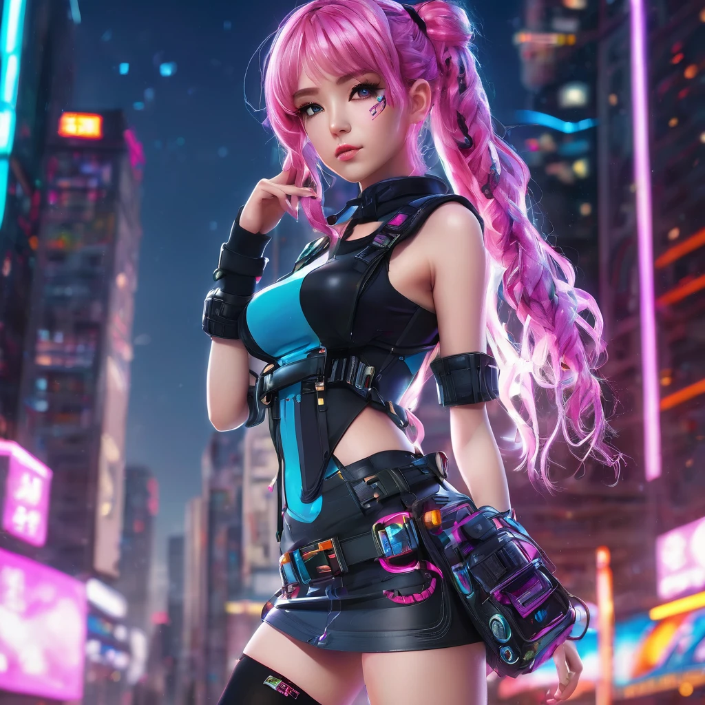 high resolution, best quality, masterpiece, very high image quality, ultra-detailed, hyperrealistic, 3d, anime, illustrations, fantasy, hard rock girl, very beautiful cute, pink wavy hair, side braid, miniskirt, knee high socks, engineer boots, background cyber punk city galaxy