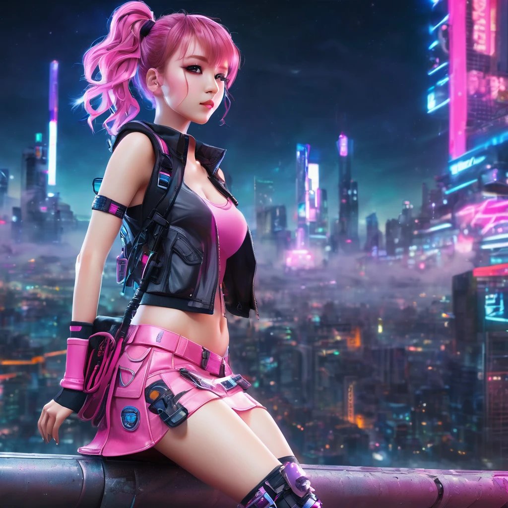 high resolution, best quality, masterpiece, very high image quality, ultra-detailed, hyperrealistic, 3d, anime, illustrations, fantasy, hard rock girl, very beautiful cute, pink wavy hair, side braid, miniskirt, knee high socks, engineer boots, background cyber punk city galaxy