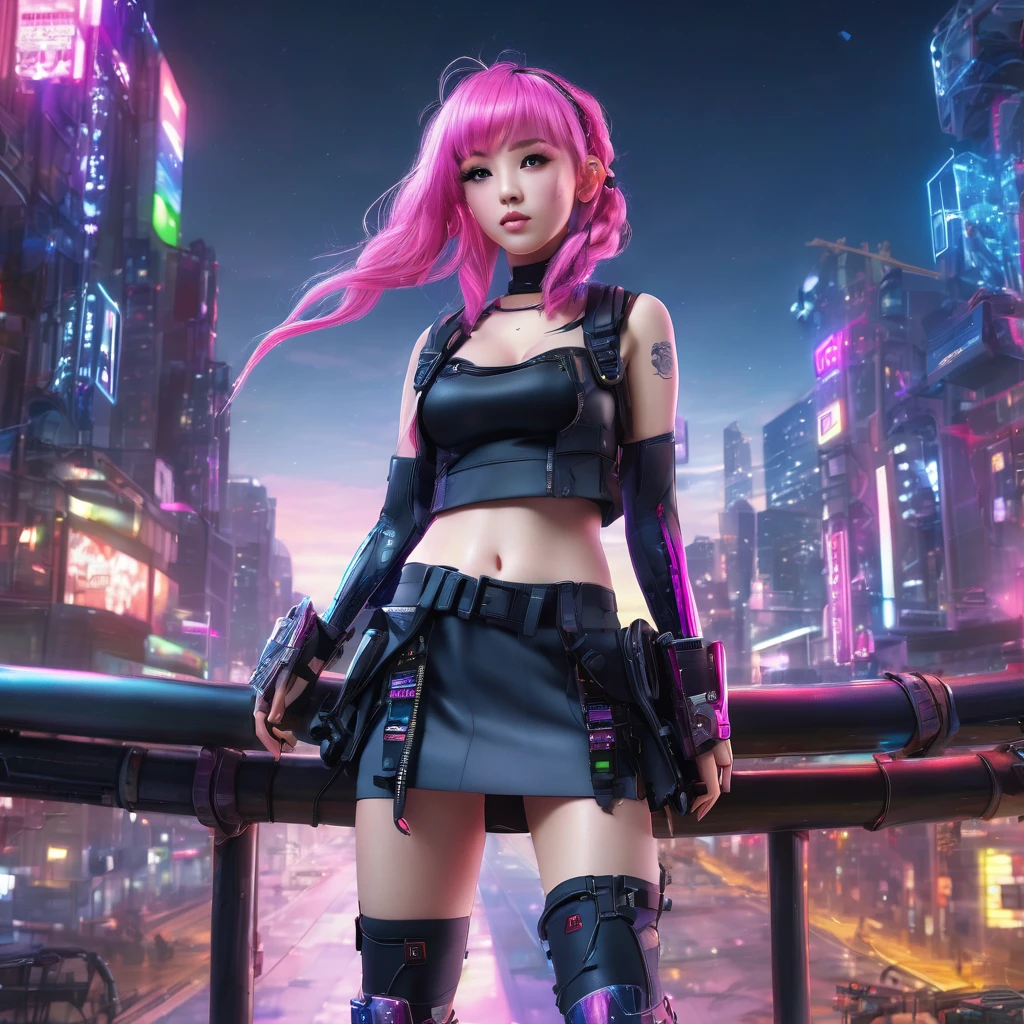 high resolution, best quality, masterpiece, very high image quality, ultra-detailed, hyperrealistic, 3d, anime, illustrations, fantasy, hard rock girl, very beautiful cute, pink wavy hair, side braid, miniskirt, knee high socks, engineer boots, background cyber punk city galaxy  