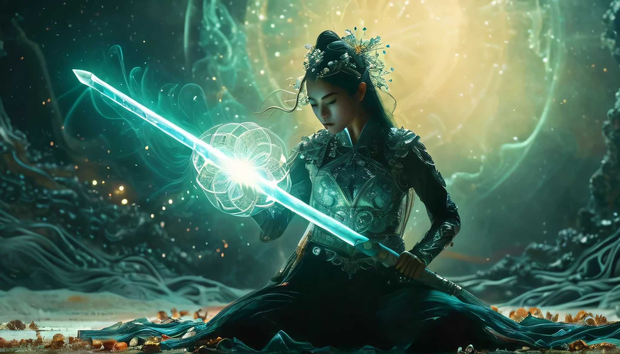 Female swordsman Jade Fractal photography，Atomic Correct,Raw, Lenses, (Clear focus:1.5), (Reality:1.4), Dusk lighting, Volumetric Lighting, Ultra-high resolution, 16K,Dramatic Lighting, White background：1.5），Glowing sword,(fighting stance),Hold the sword hilt tightly in your hand，1 sword，Solitary，（Zentangle，Mandala，Tangles，Entanglement：0.7） , Depth of Field, Dreamy atmosphere, The most beautiful form of chaos, grace, Brutalist design dark theme, Flower of Death, Flowers of ecstasy，glowing line,Glow Example，Tracking example，flash， Backlight，translucent，Light Particles，exit，xianxia