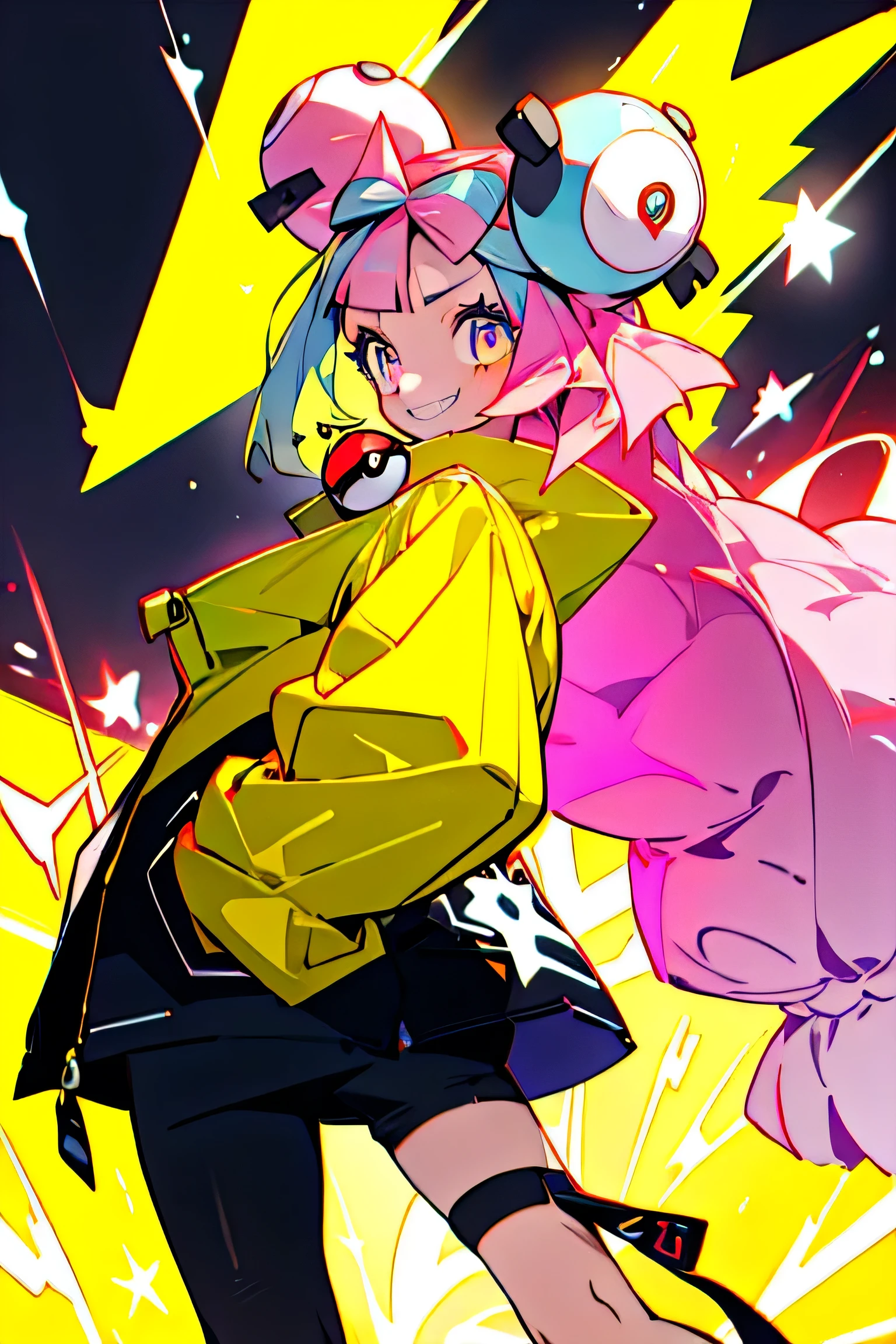 One girl, pop, Neon Light, Look at other people, Vector illustration, Jacket, Grin, Blunt bangs, Long Hair, hair ornaments, Spotlight, (Have a Poke_ball), poke ball \(Basic\),