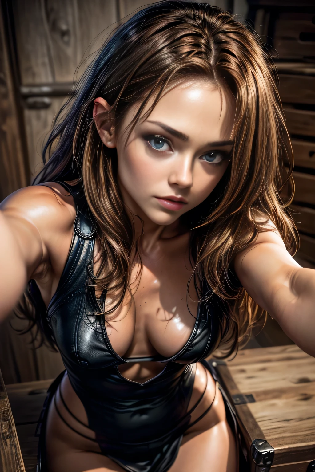 8k,best qualityer, work of art, ultra high resolution, (photorrealistic:1.4), CRU photo, (Authentic leather texture:1.3), (film grain:1.3), (Selfie angle),1 girl, long messy hair, chestnut hair, beautiful detailed eyes and face,work of art, best qualityer,close up,trunk, Gina Holden, taylor cole