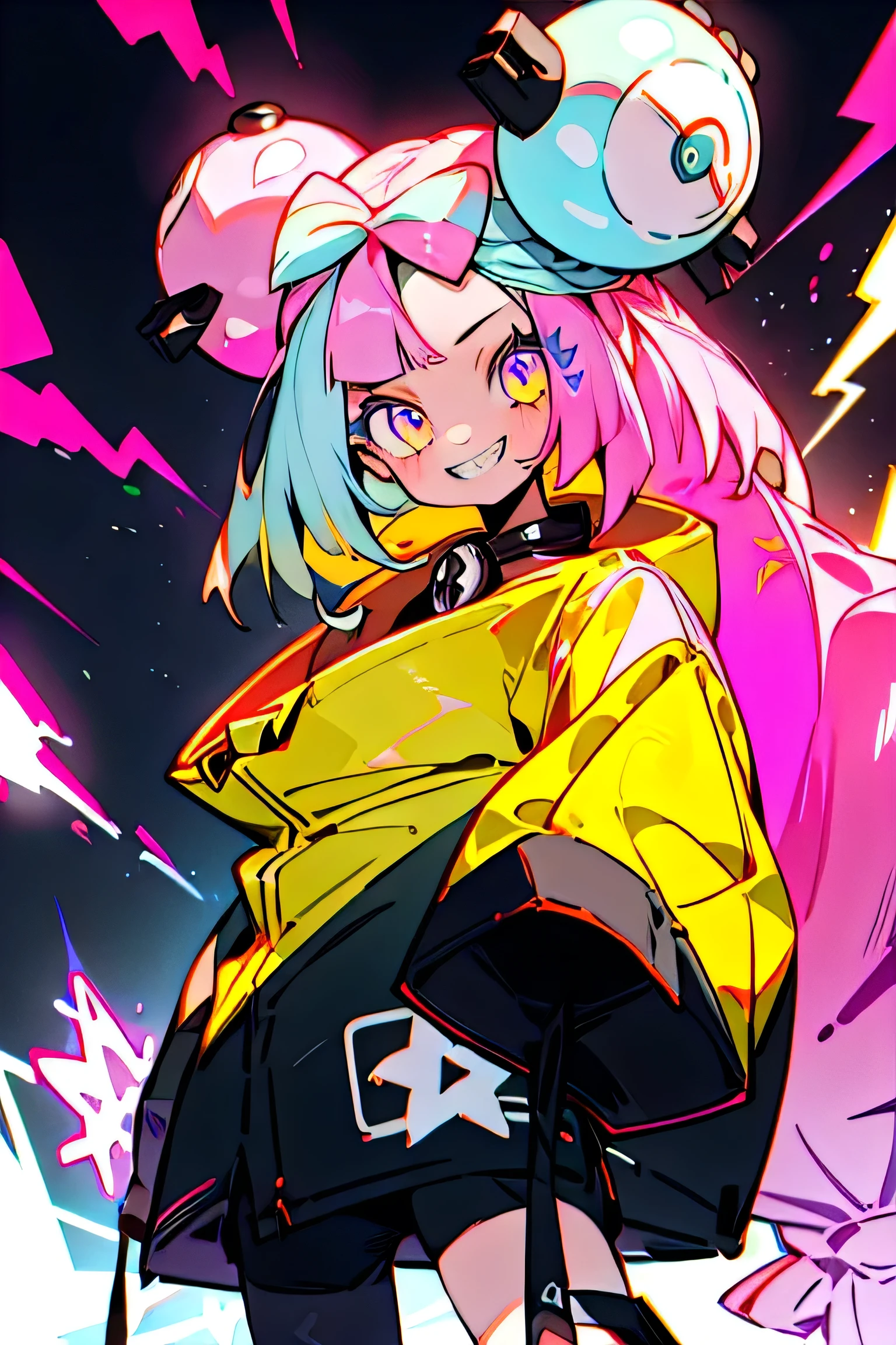 One girl, pop, Neon Light, Look at other people, Vector illustration, Jacket, Grin, Blunt bangs, Long Hair, hair ornaments, Spotlight, (Have a Poke_ball), poke ball \(Basic\),