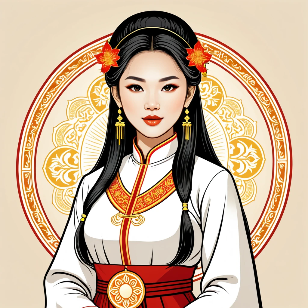 female	cleric	in vietnamese folk outfit	,vector graphics, strong contours, logo design																						