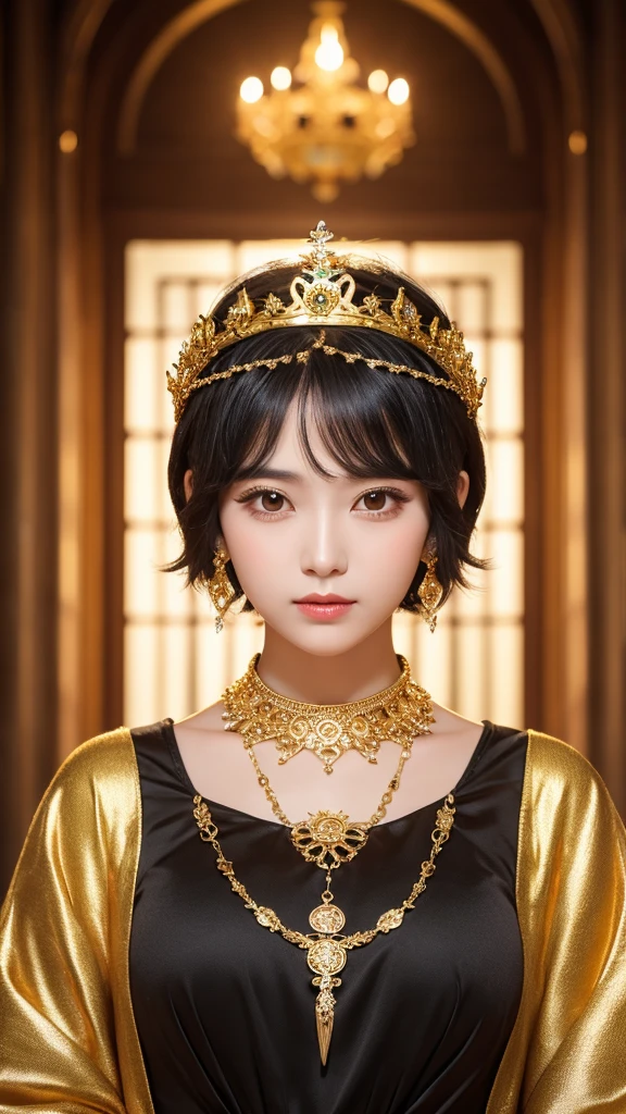 goddess Black Hair short hair crown accessories Golden Clothes Facing forward