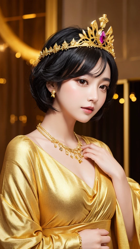 goddess　Golden Clothes　Sparkling　accessories　crown　Black Hair　short hair　gorgeous　Facing forward