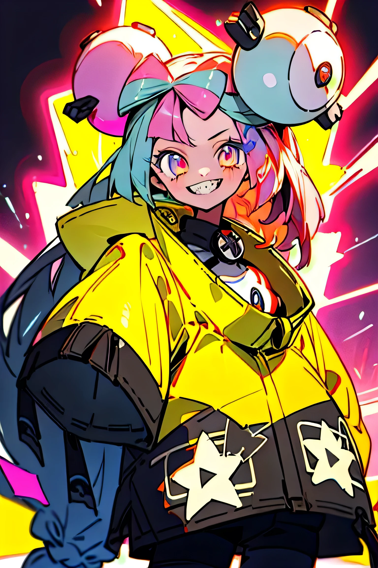 One girl, pop, Neon Light, Look at other people, Vector illustration, Jacket, Grin, Blunt bangs, Long Hair, hair ornaments, Spotlight, (Have a Poke_ball), poke ball \(Basic\),