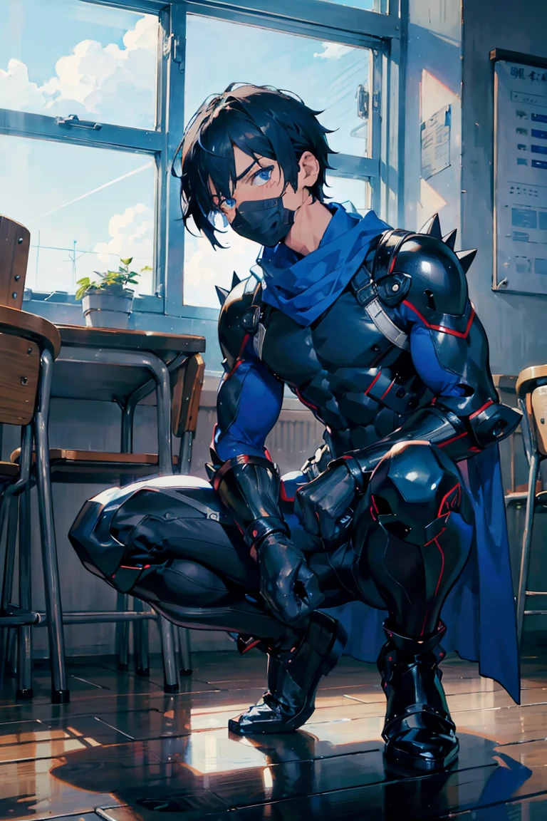 ((muste piece)), ((best quality)), ((dark blue eyes)), ((Dark black hair)),full-body picture,ninja hero boy being spanked,sexy shota,spanking,blush,black mask,black and blue white tight bodysuit,skin texture hero suit, long blue broken scarf,blue tabi socks, ((very very short hair,spiky hairstyle)),masculine,sexy,Sanpaku Eyes,muscle,in classroom