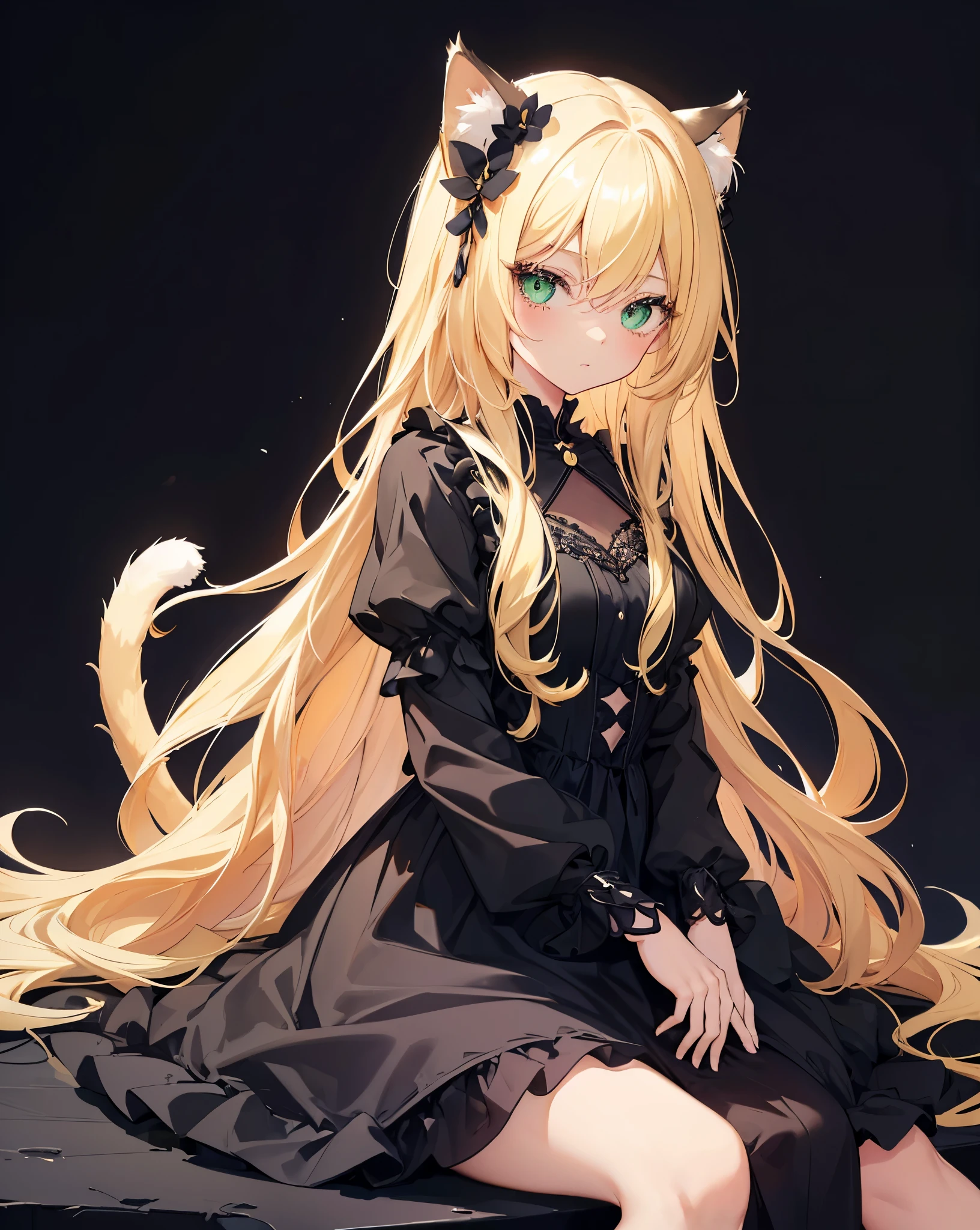 (Sketches),(eyelash:1.3),(Black background:1.2),watching me , High Resolution, Cute 1Girl, neko ears, cat tail, Beautiful and fine details, Long blonde hair, vibrant and vivid green eyes, Original Costume、Princess Dress, Side shot high contrast girl, Sitting, Side shot problem　hold one&#39;s head, crystals reflecting, imagenery, scenery. Cinematic sunflare. She is laying bottom down on a bed mades of white roses . It's raining white rose petals