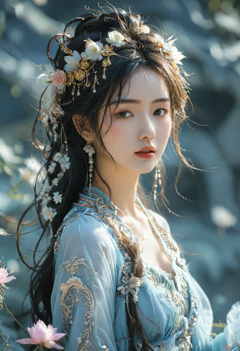 arafed woman in a dress with a flower crown on her head, a stunning portrait of a goddess, a beautiful fantasy empress, traditional beauty, beautiful oriental woman, portrait of a beautiful goddess, wearing an ornate outfit, wearing ornate clothing, extremely detailed goddess shot, ((a beautiful fantasy empress)), dressed in ornate, goddess. extremely high detail, ornate clothing