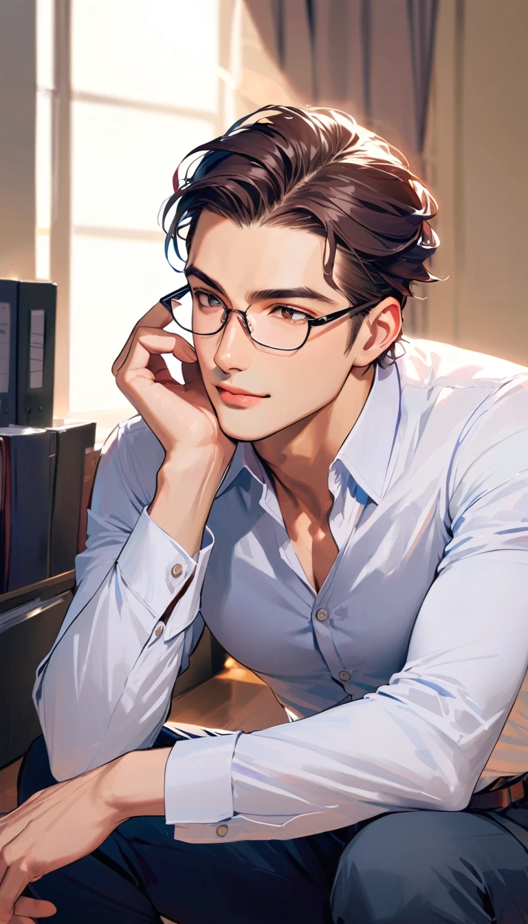a handsome man, Wear glasses, Clothing of office workers