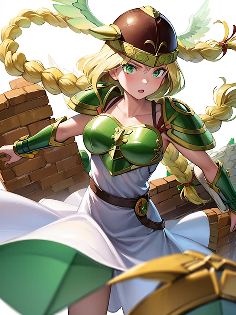 (White background,1girl:1.4),masterpiece,best quality,18yo, beautiful girl,BREAK,(Armor:1.5),(Helmet with wings:1.4),(Beautiful blonde,braid,Green Eyes:1.5),BREAK,(White Dress:1.3),(move chart:1.3),