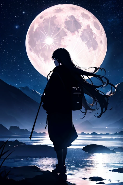 Highest quality,Big moon and shadow,A silhouette of a person can be seen against the backdrop of a large moon.,There is one full moon,There is a mood,Beautiful scenery,Starry Sky