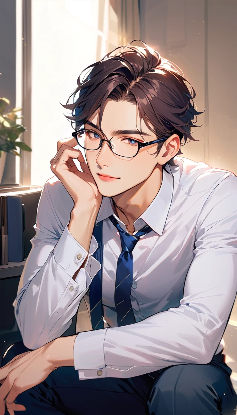 25 years old, a handsome man, Wear glasses, Clothing of office workers