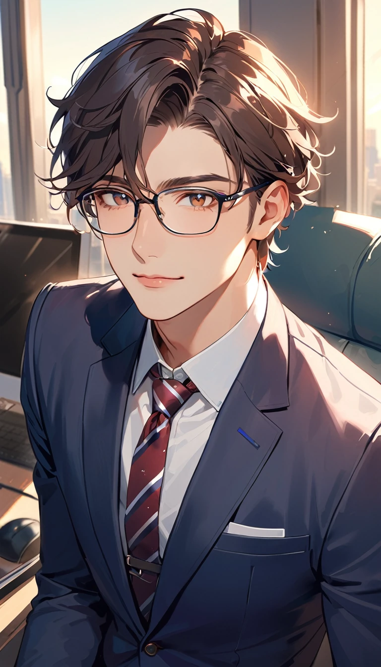 25 years old, a handsome man, Wear glasses, Clothing of office workers